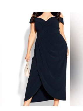 City Chic Ripple Love Off Shoulder Formal Dress Navy Blue 22W NWT